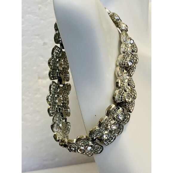 Vintage Shimmer Crystal Silver Tone Lace Webbed Metal Chain Link Bracelet 7.5” - Picture 7 of 7